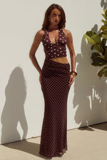 Load image into Gallery viewer, Valeria Halter Cutout Maxi Dress - Choc/Lemon Polka
