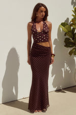 Load image into Gallery viewer, Valeria Halter Cutout Maxi Dress - Choc/Lemon Polka
