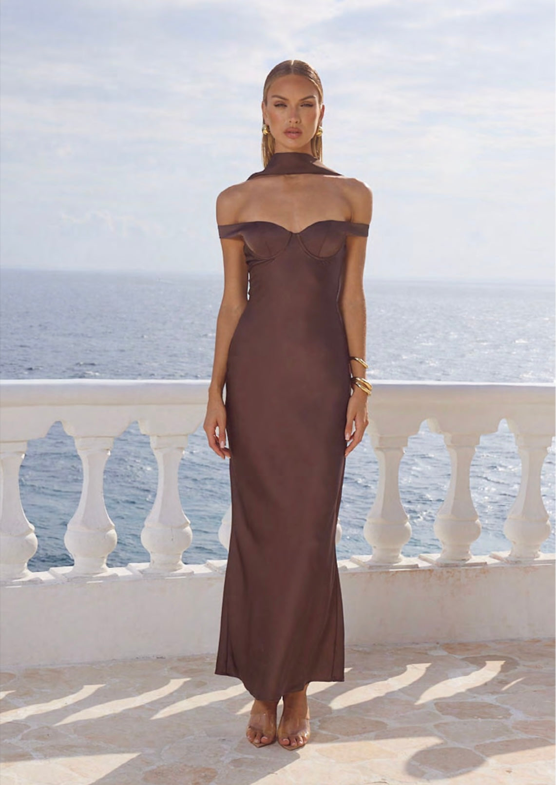Raphaella Off Shoulder Maxi Dress - Bitter Chocolate