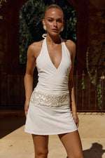 Load image into Gallery viewer, Rumi Faux Wrap Halter Mini Dress - White
