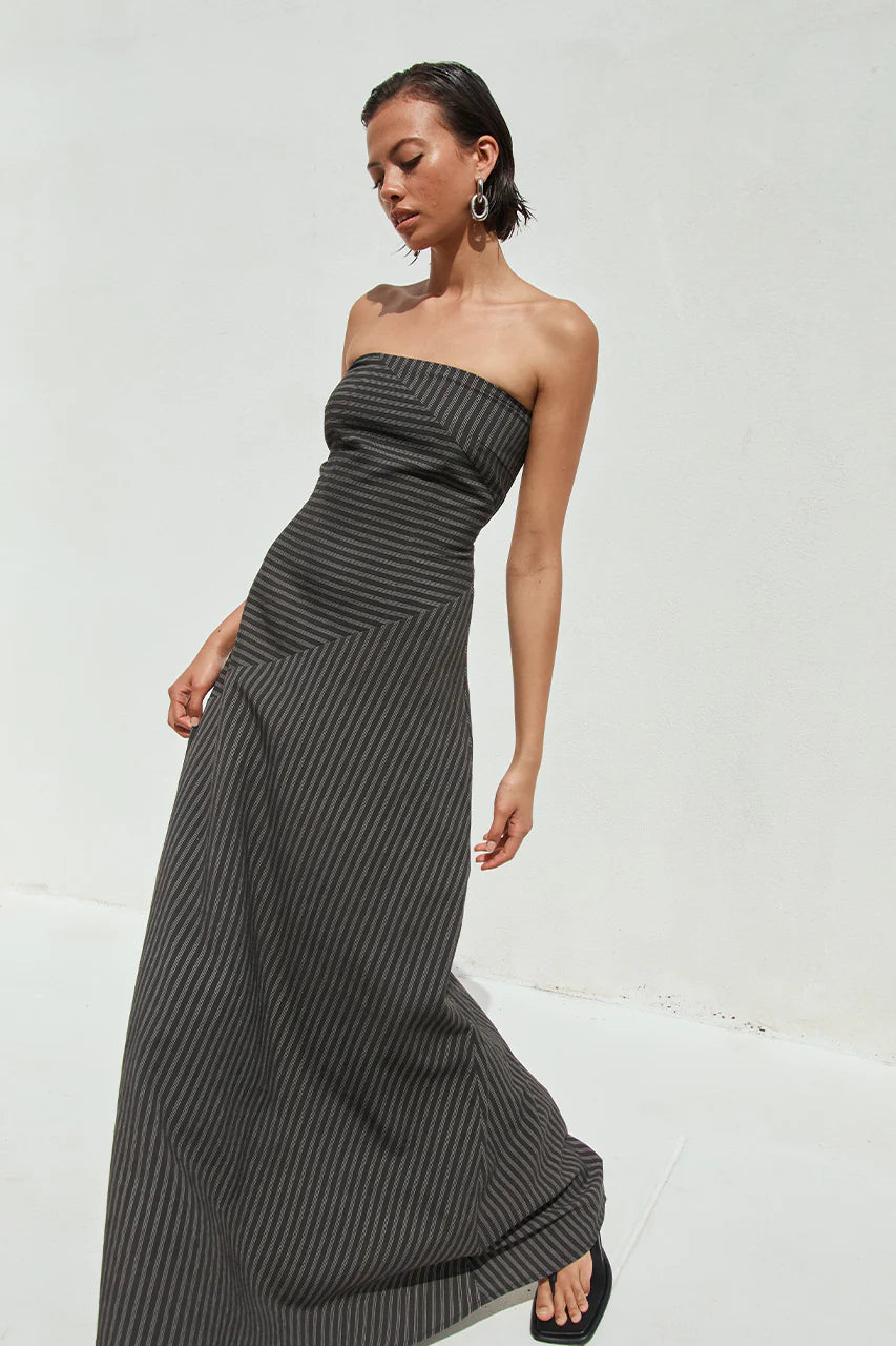 Aurea Maxi Dress - Black Pinstripe