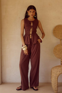 Fleur Shirred Tie Front Top & Palazzo Pants - Chocolate