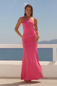 Alola Halter Ruched Maxi Dress - Hot Pink