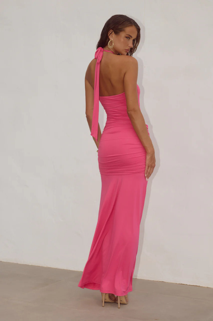 Alola Halter Ruched Maxi Dress - Hot Pink