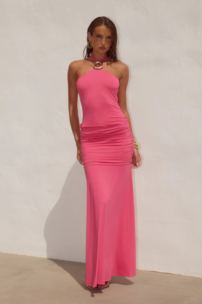 Alola Halter Ruched Maxi Dress - Hot Pink