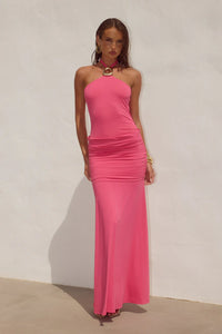 Alola Halter Ruched Maxi Dress - Hot Pink