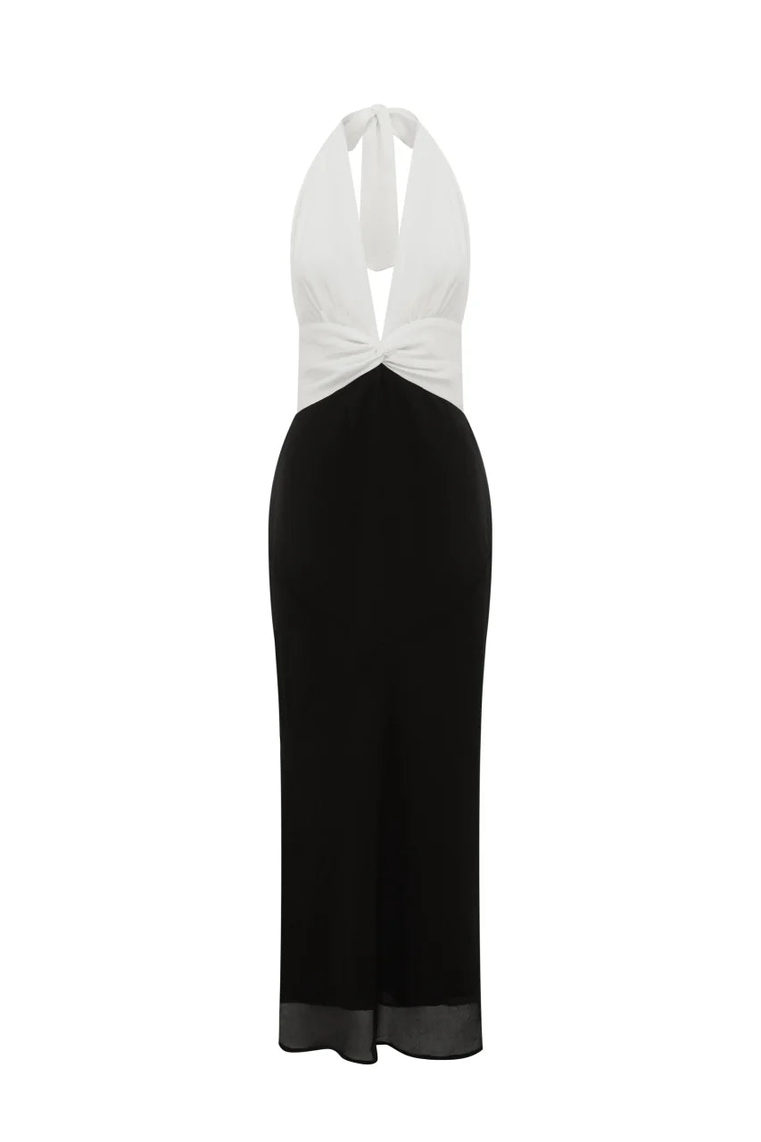 Tenaya Plunge V-Neck Maxi Dress - Black/White