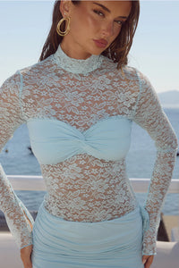 Larna Laced Sleeved Mini Dress - Ice Blue