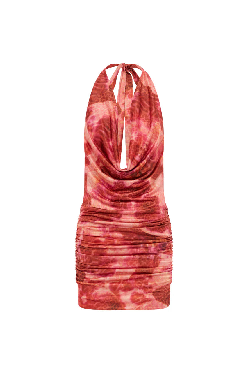 Lotus Halter Plunge Cowl Mini Dress - Moana Pink
