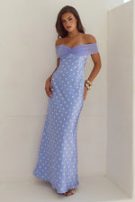 Load image into Gallery viewer, Kadie Off Shoulder Maxi Dress - Periwinkle/Lemon Polka
