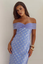 Load image into Gallery viewer, Kadie Off Shoulder Maxi Dress - Periwinkle/Lemon Polka
