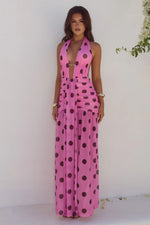Load image into Gallery viewer, Adrianna Plunge Ruched Maxi Dress - Musk/Choc Polka
