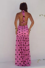 Load image into Gallery viewer, Adrianna Plunge Ruched Maxi Dress - Musk/Choc Polka
