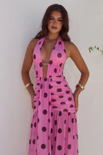 Load image into Gallery viewer, Adrianna Plunge Ruched Maxi Dress - Musk/Choc Polka
