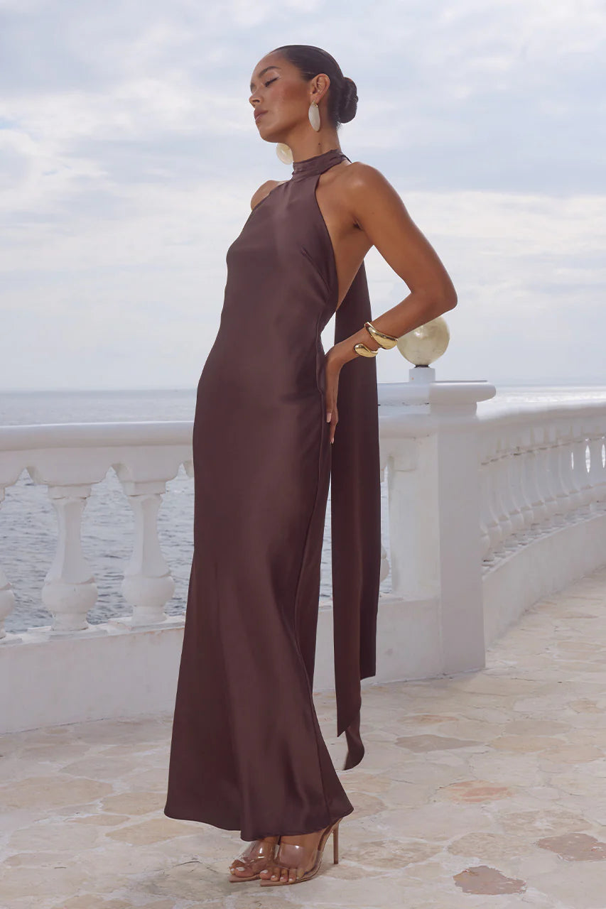 Arabelle High Neck Maxi Dress - Bitter Chocolate