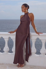 Load image into Gallery viewer, Arabelle High Neck Maxi Dress - Bitter Chocolate
