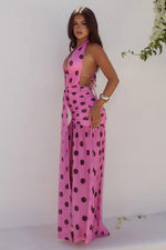 Load image into Gallery viewer, Adrianna Plunge Ruched Maxi Dress - Musk/Choc Polka

