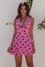 Load image into Gallery viewer, Imali Halter Cowl Mini Dress - Musk/Choc Polka
