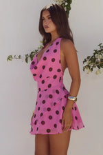 Load image into Gallery viewer, Imali Halter Cowl Mini Dress - Musk/Choc Polka
