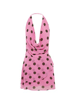 Load image into Gallery viewer, Imali Halter Cowl Mini Dress - Musk/Choc Polka
