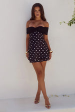 Load image into Gallery viewer, Kadie Off Shoulder Mini Dress - Black/White Polka
