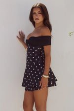 Load image into Gallery viewer, Kadie Off Shoulder Mini Dress - Black/White Polka
