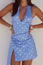 Load image into Gallery viewer, Celyse Halter Mini Dress - Periwinkle/Lemon Polka
