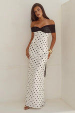 Load image into Gallery viewer, Kadie Off Shoulder Maxi Dress - White/Black Polka

