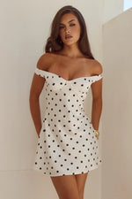 Load image into Gallery viewer, Aveta Off Shoulder Mini Dress - White/Black Polka
