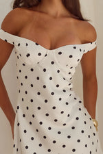 Load image into Gallery viewer, Aveta Off Shoulder Mini Dress - White/Black Polka
