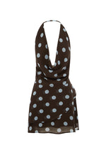Load image into Gallery viewer, Imali Halter Cowl Mini Dress - Choc/Sky Blue Polka
