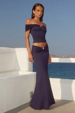 Load image into Gallery viewer, Remina Low Waist Ruched Maxi Skirt - Navy
