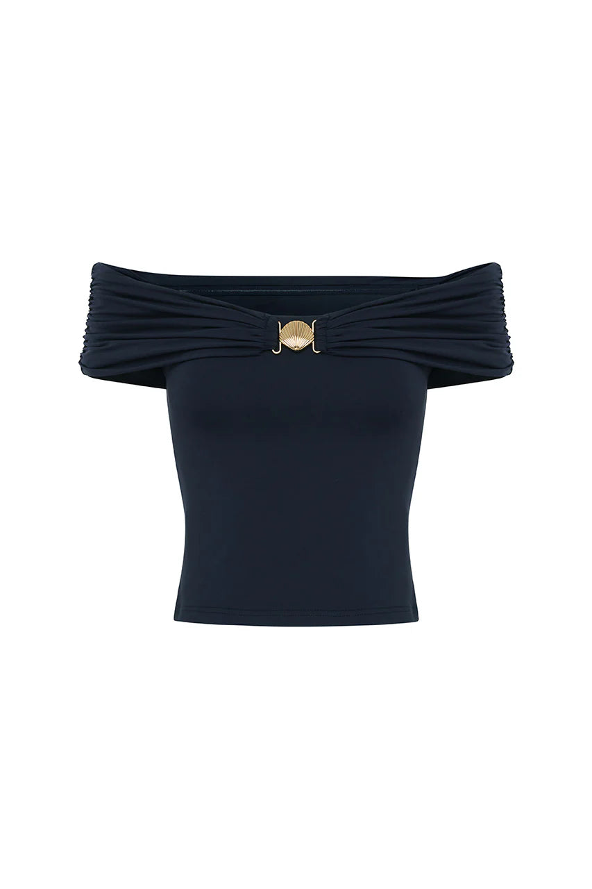 Remina Ruched Off Shoulder Top - Navy