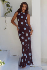 Load image into Gallery viewer, Tera High Neck Maxi Dress - Choc/Sky Blue Polka
