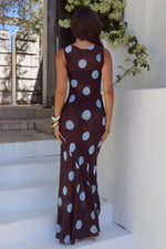 Load image into Gallery viewer, Tera High Neck Maxi Dress - Choc/Sky Blue Polka
