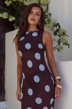 Load image into Gallery viewer, Tera High Neck Maxi Dress - Choc/Sky Blue Polka
