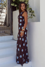 Load image into Gallery viewer, Tera High Neck Maxi Dress - Choc/Sky Blue Polka
