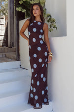 Load image into Gallery viewer, Tera High Neck Maxi Dress - Choc/Sky Blue Polka
