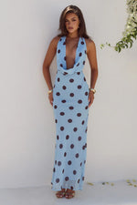 Load image into Gallery viewer, Lexie Low Plunge Halter Maxi Dress - Sky Blue/Choc Polka
