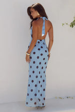 Load image into Gallery viewer, Lexie Low Plunge Halter Maxi Dress - Sky Blue/Choc Polka
