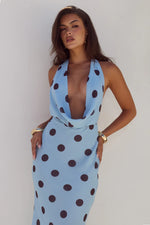 Load image into Gallery viewer, Lexie Low Plunge Halter Maxi Dress - Sky Blue/Choc Polka
