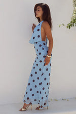 Load image into Gallery viewer, Lexie Low Plunge Halter Maxi Dress - Sky Blue/Choc Polka
