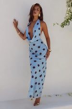 Load image into Gallery viewer, Lexie Low Plunge Halter Maxi Dress - Sky Blue/Choc Polka
