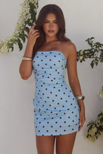 Load image into Gallery viewer, Cairo Strapless Mini Dress - Sky Blue/Choc Polka
