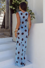 Load image into Gallery viewer, Tera High Neck Maxi Dress - Sky Blue/Choc Polka
