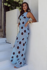 Load image into Gallery viewer, Tera High Neck Maxi Dress - Sky Blue/Choc Polka
