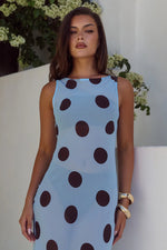 Load image into Gallery viewer, Tera High Neck Maxi Dress - Sky Blue/Choc Polka
