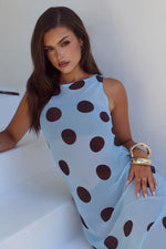 Load image into Gallery viewer, Tera High Neck Maxi Dress - Sky Blue/Choc Polka

