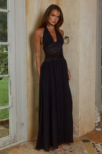 Load image into Gallery viewer, Fernanda Plunge Halter Maxi Dress - Black
