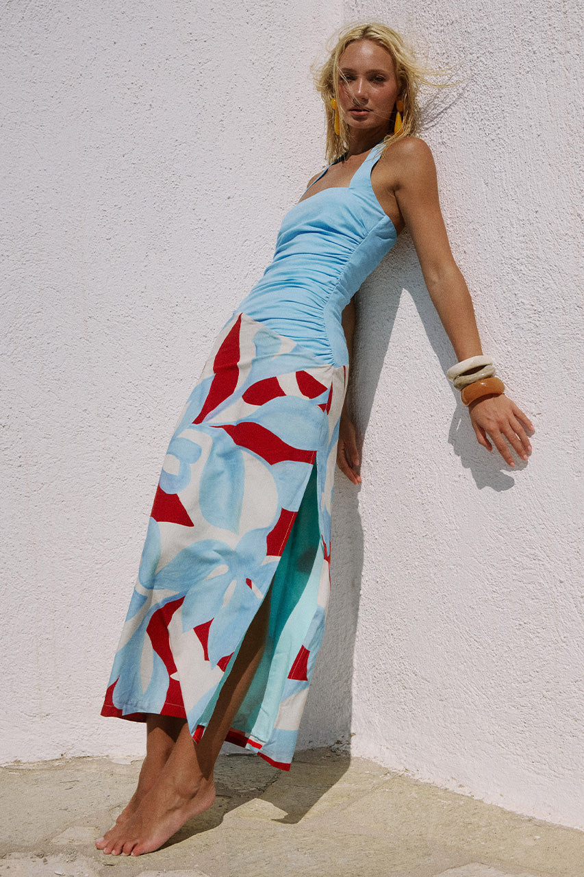 Evie Halter Ruched Midi Dress - Amoree Red